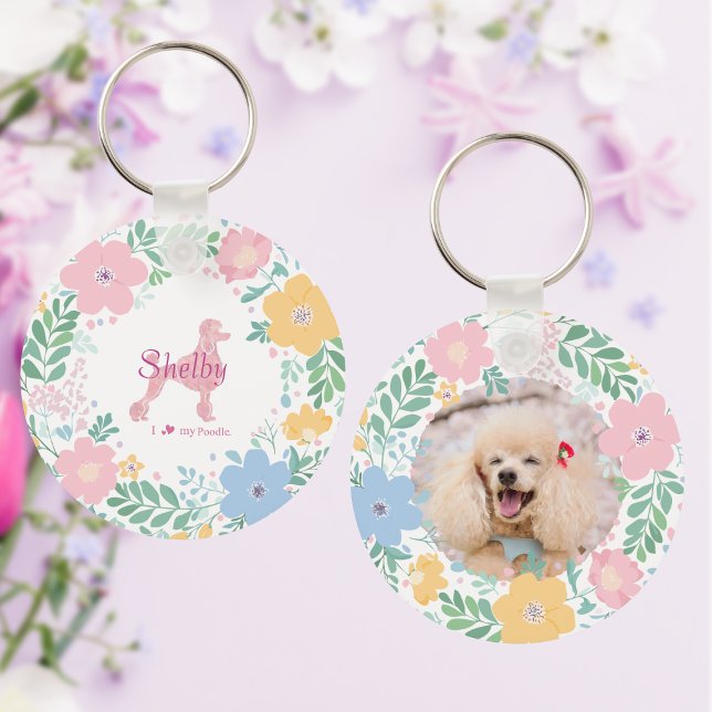 Chaveiro Silhueta de Poodle Rosa Pastel com Grinalda de Flo (Criador carregado)