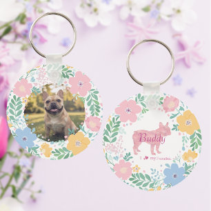 Chaveiro Silhueta Floral de Bulldog Francês Rosa Pastel em