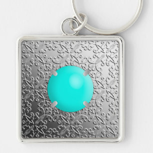 Chaveiro Silver Damask com uma pedra azul-turquesa