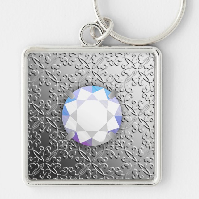 Chaveiro Silver Damask com uma pedra de diamante falsa (Frente)