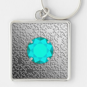 Chaveiro Silver Damask com uma pedra preciosa do aquamarine