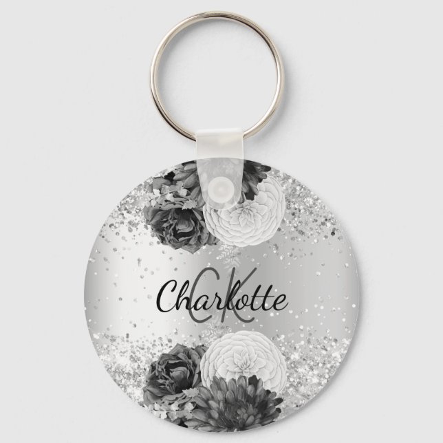 Chaveiro Silver florals nome elegante (Frente)