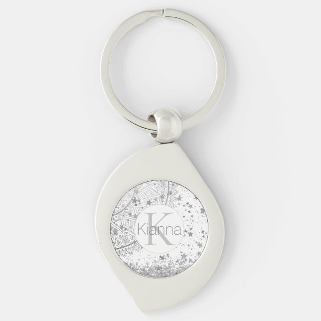 Chaveiro Silver Lotus Mandala Stars Glitter Monograma (Frente)