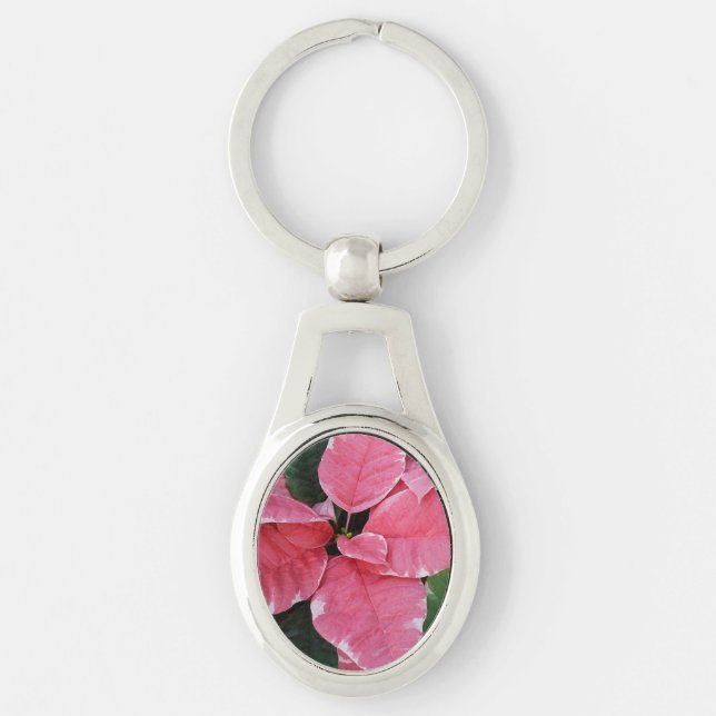 Chaveiro Silver Star Marble Poinsettias Feriado Rosa Floral (Frente)