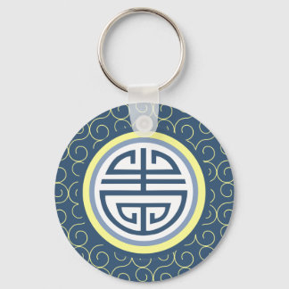 Chaveiro Símbolo de longevidade chinês Shou - azul e amarel