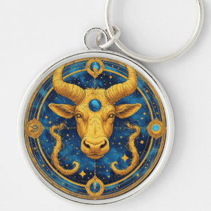Chaveiro Símbolo de Touro Dourado em Círculo Azul