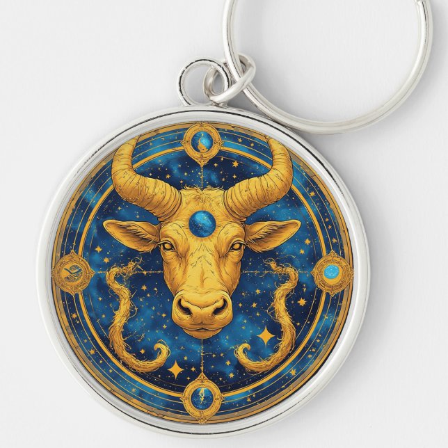 Chaveiro Símbolo de Touro Dourado em Círculo Azul (Frente)