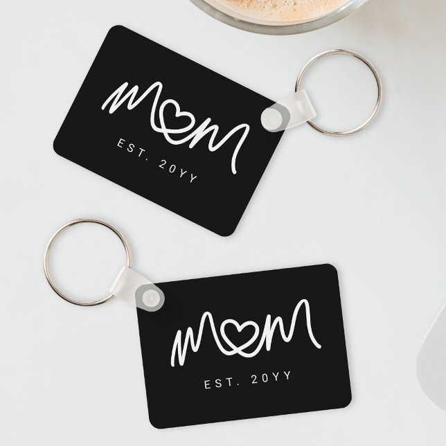 Chaveiro Simples Roteiro Preto e Branco  Mãe Estabelecida E (Simple Black and White Script Mom Established Est Keychain)