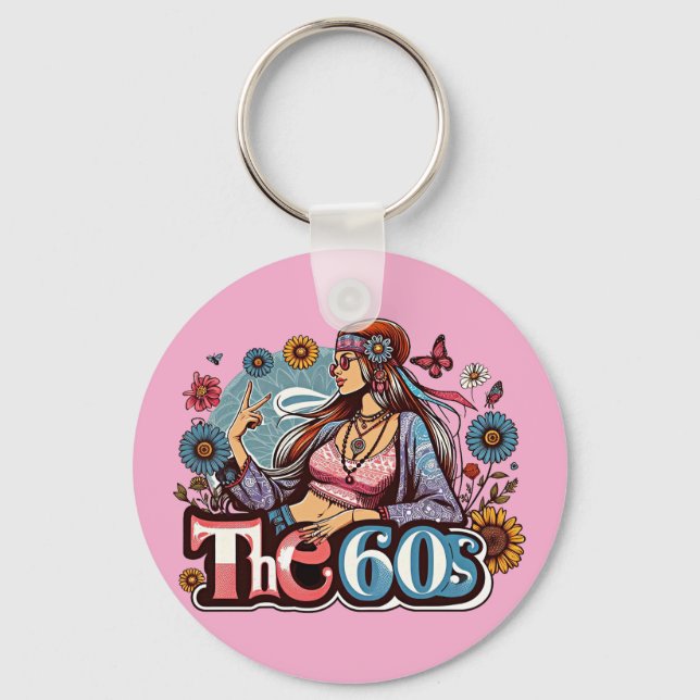 Chaveiro Sinal de paz da menina Hippie pintinho de 1960 (Frente)
