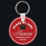 Chaveiro Sindicato do Segundo grau Red Alumni Personalizado<br><div class="desc">Uma festa de reunião de classe personalizada favorece um presente em vermelho e branco para um segundo grau,  faculdade ou universidade. Personalize com seu nome de escola e sua classe de graduação sob a elegante caligrafia para um excelente de chaveiro de alunos personalizados para .</div>