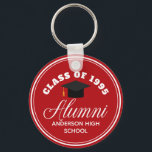 Chaveiro Sindicato do Segundo grau Red Alumni Personalizado<br><div class="desc">Uma festa de reunião de classe personalizada favorece um presente em vermelho e branco para um segundo grau,  faculdade ou universidade. Personalize com seu nome de escola e sua classe de graduação sob a elegante caligrafia para um excelente de chaveiro de alunos personalizados para .</div>
