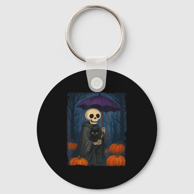 Chaveiro Skeleton Black Cat Purple Umbrella Pumpkin Hallowe (Frente)