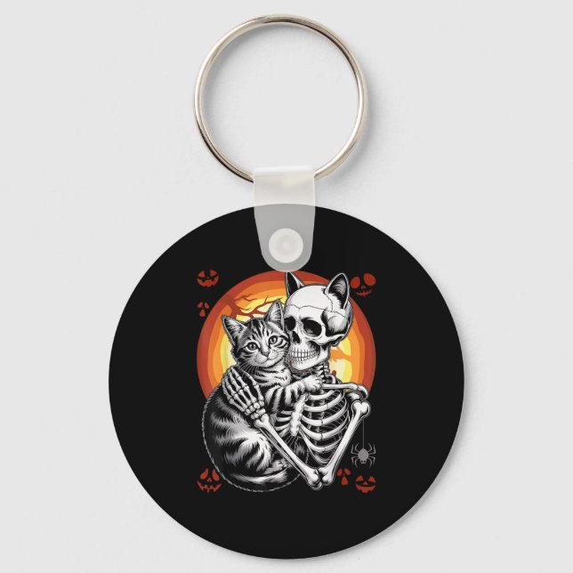 Chaveiro Skeleton Hugging Cat Lover Halloween Engraçado Rou (Frente)