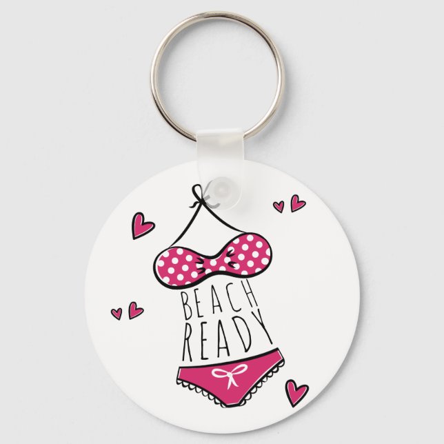 Chaveiro Slogan Pronto para a Praia de Biquíni Rosa (Frente)