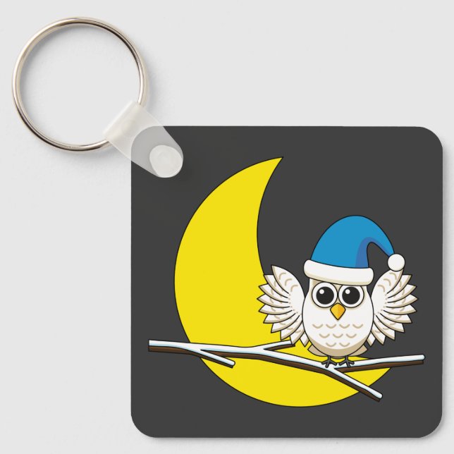 Chaveiro Snowy Owl em Nova Lua Noite de inverno (Frente)