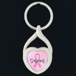 Chaveiro Sobrevivente Cancer Rosa<br><div class="desc">O chaveiro em forma de coração "Survivor" do cancer de mama apresenta a inscrição personalizada de scripts pretos,  com uma fita rosa simbólica e um fundo de gradiente rosa.</div>