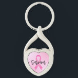 Chaveiro Sobrevivente Cancer Rosa<br><div class="desc">O chaveiro em forma de coração "Survivor" do cancer de mama apresenta a inscrição personalizada de scripts pretos,  com uma fita rosa simbólica e um fundo de gradiente rosa.</div>