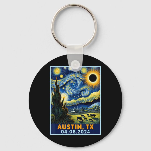 Chaveiro Solar Eclipse 2024 Austin Texas Van Gogh Starry Ni (Frente)