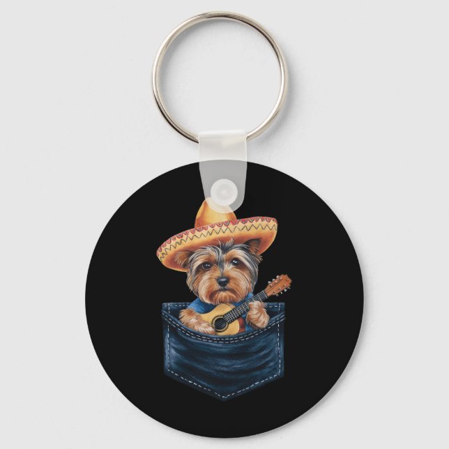Chaveiro Sombrero Yorkshire Terrier Dog Tocando guitarra Ci (Frente)
