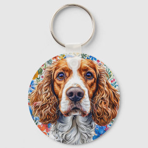 Chaveiro Springer Spaniel com Fundo Floral Colorido
