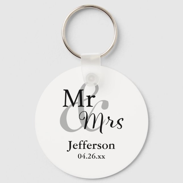 Chaveiro Sr. & Sra. Wedding Favor Keyring com Nome e Data (Frente)