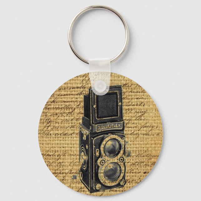 Chaveiro steampunk vintage scripts burlap antiga câmera (Frente)