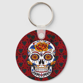 Chaveiro Sugar Skull Red Floral Cinco de Mayo Nome Feriado
