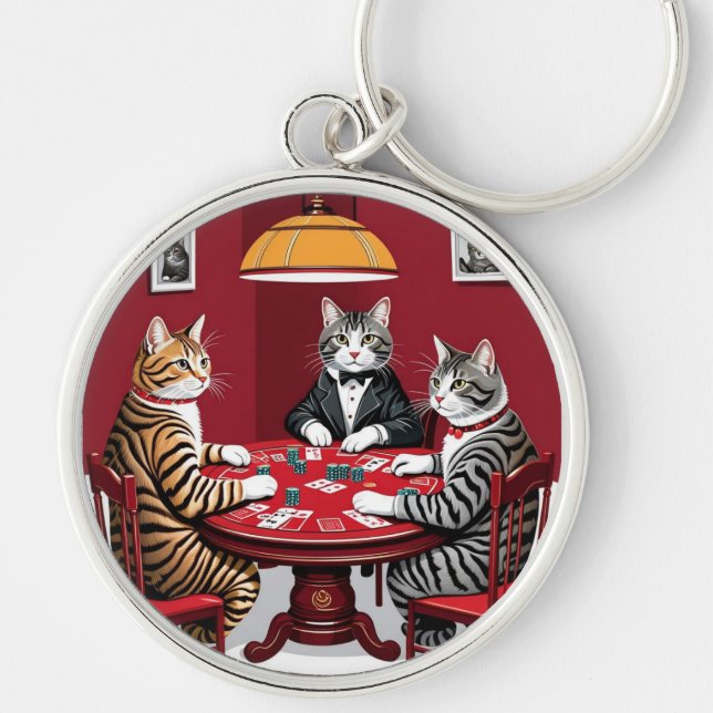 Chaveiro Tabby Cats Reproduzindo Poker (Frente)