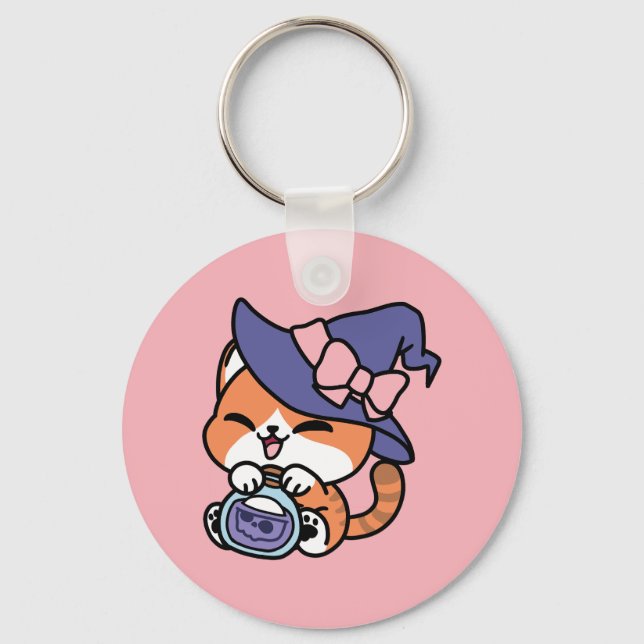 Chaveiro Tabby Witch Brew – Design de Gato de Halloween Fof (Frente)
