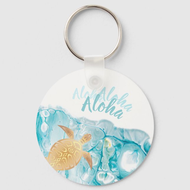 Chaveiro Tartarugas Douradas Texto Aloha Tinta Azul  (Frente)