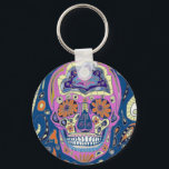 Chaveiro Tattoo Style Patterned Skull<br><div class="desc">This colourful,  button keychain,  zip pull,  features my design of a highly patterned Skull in blues and pink. This useful accessory is guaranteed to make you stand out from the crowd and perfect to keep your keys safe. A great gift.</div>