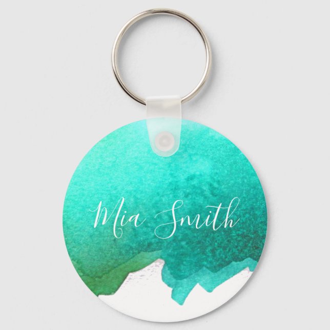 Chaveiro Teal Aqua watercolor, nome de presente de menina b (Frente)