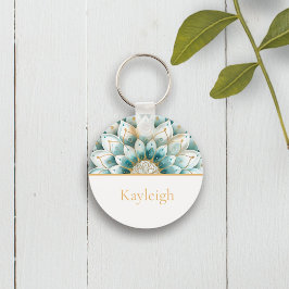 Chaveiro Teal Blue Dourado Floral Mandala Personalizado