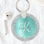 Chaveiro Teal Brugado Metal Silver Glitter Nome Monograma<br><div class="desc">Personalize facilmente este chaveiro de chic moderno com brilho cinza bonito em um fundo metálico escovado teal.</div>