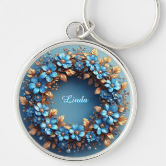 Chaveiro Terra Floral Elegante de Elementos Azuis e Ouros