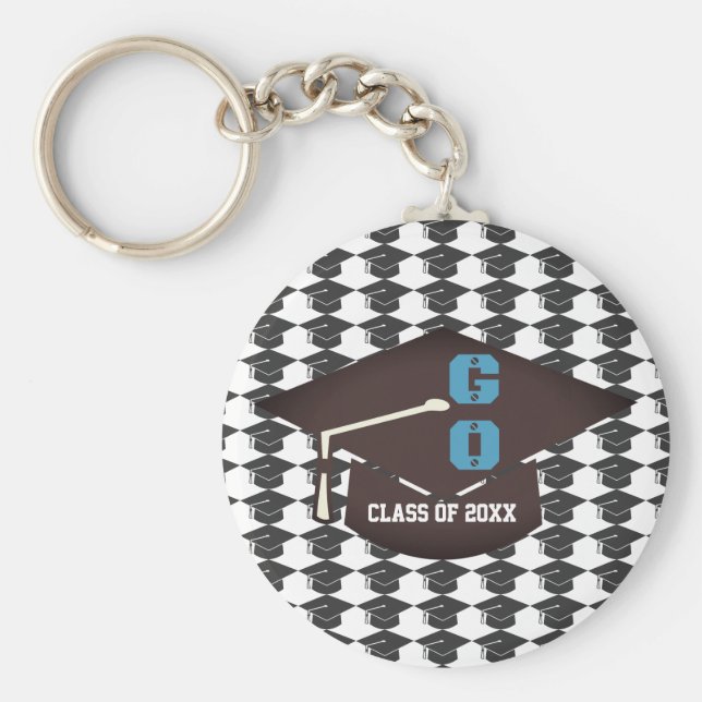 Chaveiro Texto Azul para Graduação Personalizada e Boné (Frente)