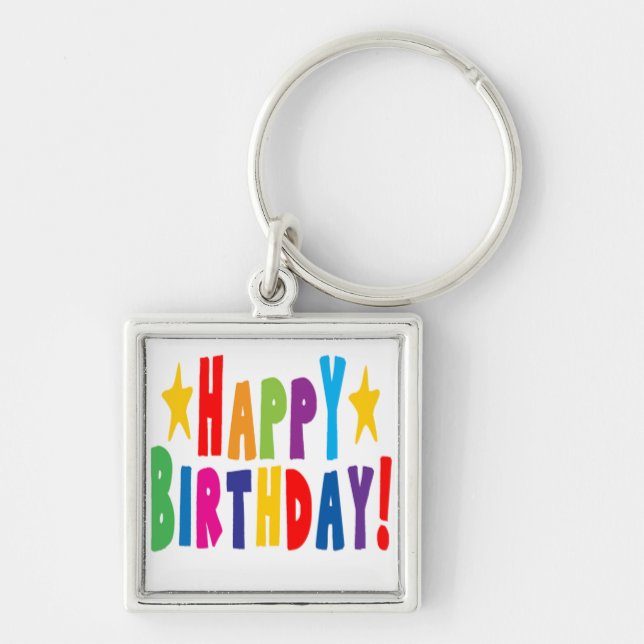 Chaveiro Texto feliz de aniversário colorido (Frente)
