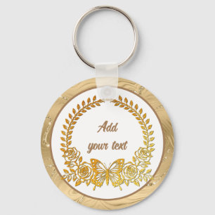 Chaveiro Texto Personalizado, Borboleta Dourada e Flor