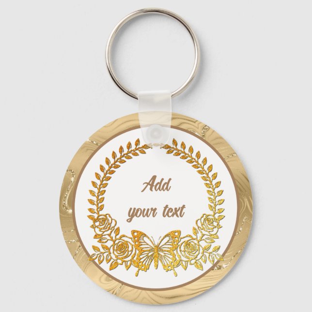 Chaveiro Texto Personalizado, Borboleta Dourada e Flor (Frente)