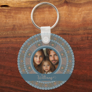 Chaveiro Texto personalizado da família Teal e Mandala Dour