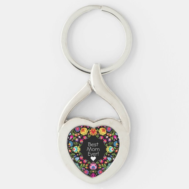 Chaveiro Texto personalizado, flores do folclore coração (Frente)