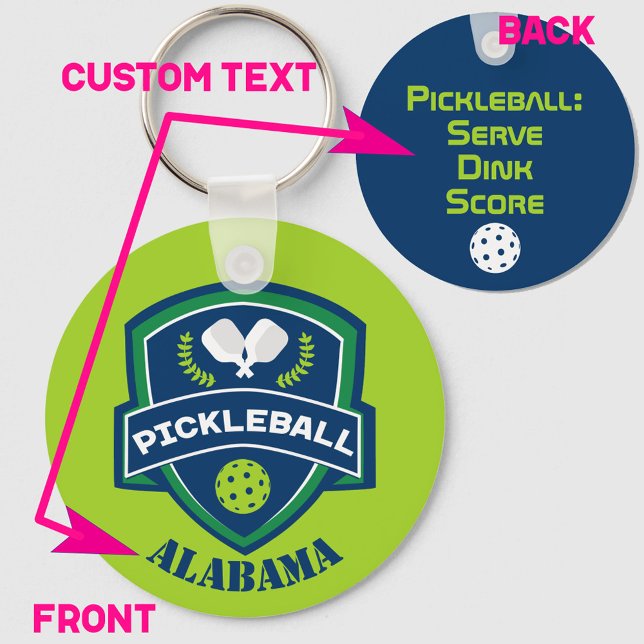 Chaveiro Texto personalizado Pickleball de 2 lados (Green and navy blue pickleball keyring with 2 sided custom text. Great as gift for pickleball player)