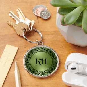 Chaveiro Textura Verde Iridescente do Círculo Floral Negro