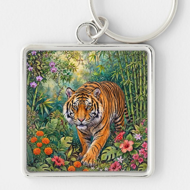 Chaveiro Tigre de Bengala Vibrante Selva de Bambu (Frente)