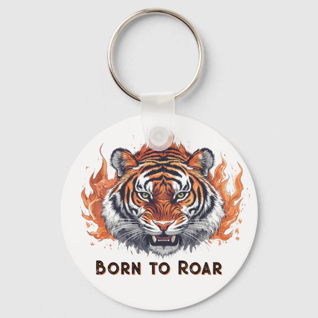 Chaveiro Tigre Feroz com Chamas - Texto Personalizável (Frente)
