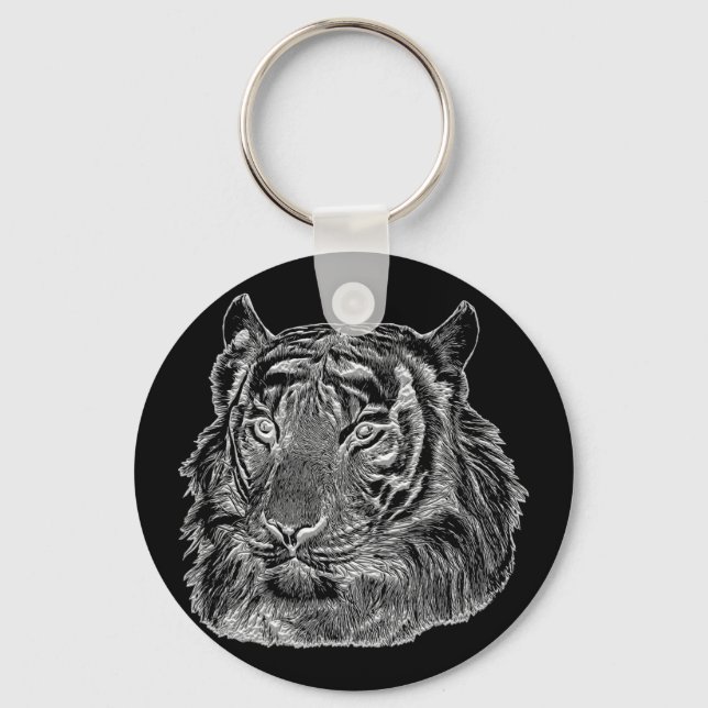 Chaveiro tigre prateado cromo face natureza animal arte sel (Frente)