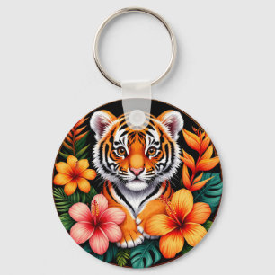 Chaveiro Tigre Rodeado por Flores Tropicais