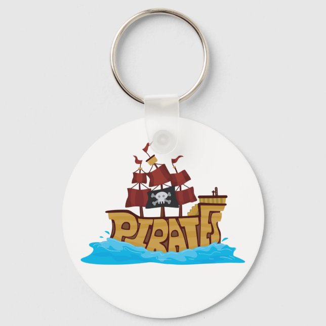 Chaveiro Tipografia de Navio Pirata com Bandeira de Caveira (Frente)