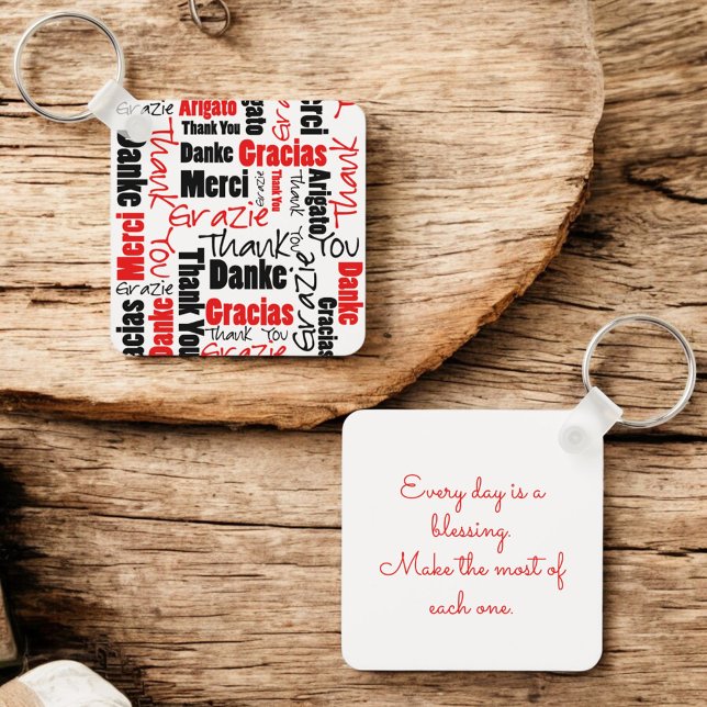 Chaveiro Tipografia do Red Black Multilingual "Obrigado" (front and back key ring with template text on back)