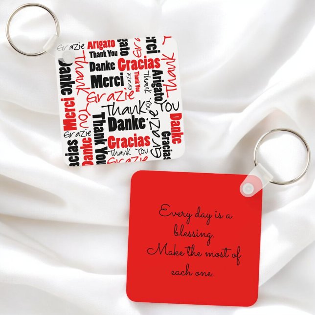 Chaveiro Tipografia do Red Black Multilingual "Obrigado" (key ring front and back with template text back)